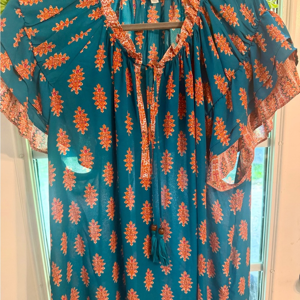 Rose & Olive Teal Boho Blouse with Orange Print